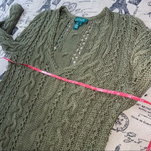 Lauren Ralph Lauren Olive Green Mercerized Cotton Crochet Eyelet V Neck Sweater - Picture 11 of 13